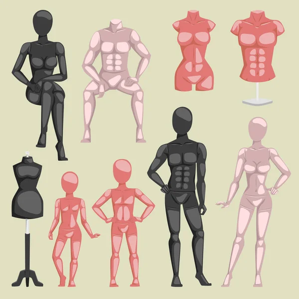 Vector shop beauty mannequin dummy doll model for fashion dress and plastic figure of human body doll illustration set of female male and kids manikins isolated on background — Stock Vector