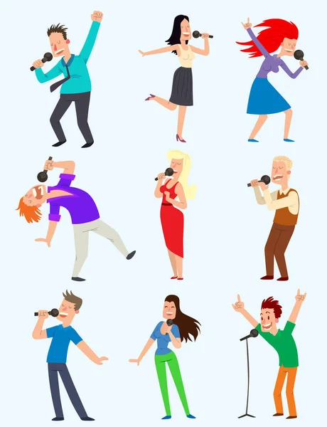 Festa aziendale allegra cantare persone con microfono. vector musicista artisti personaggi Karaoke, canzoni che ballano espressione canora. Amici felici che cantano karaoke alla festa gente musica divertente concerto — Vettoriale Stock