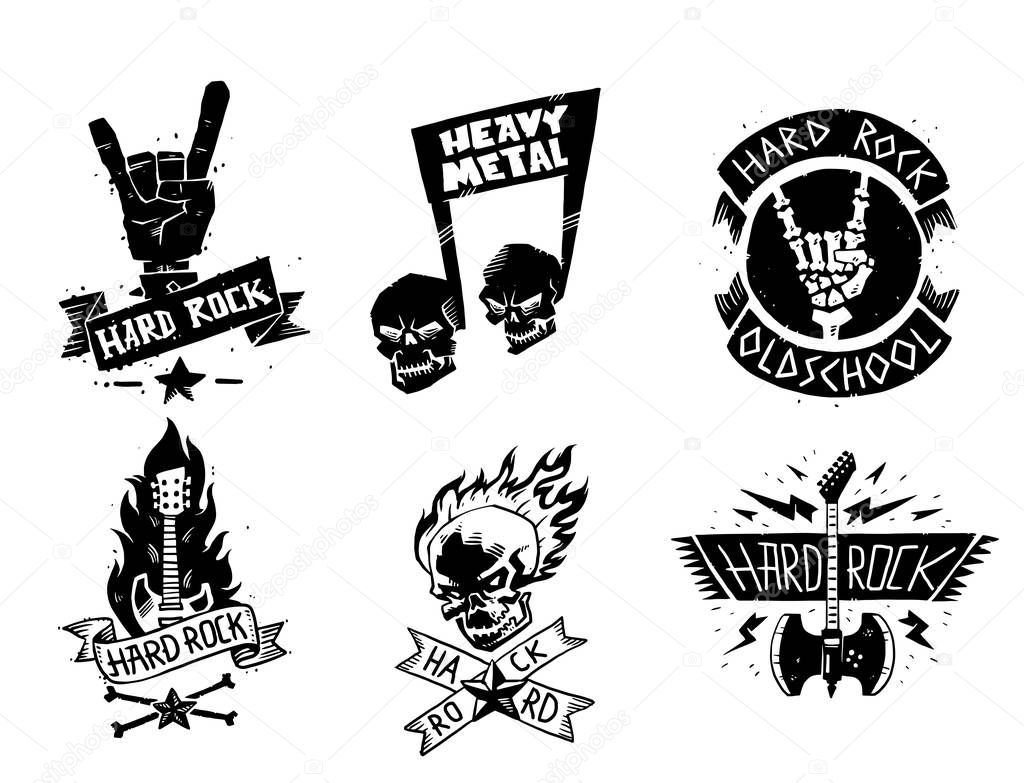 Heavy rock music vector badge vintage label with punk skull symbol hard rock-n-roll sound sticker emblem illustration