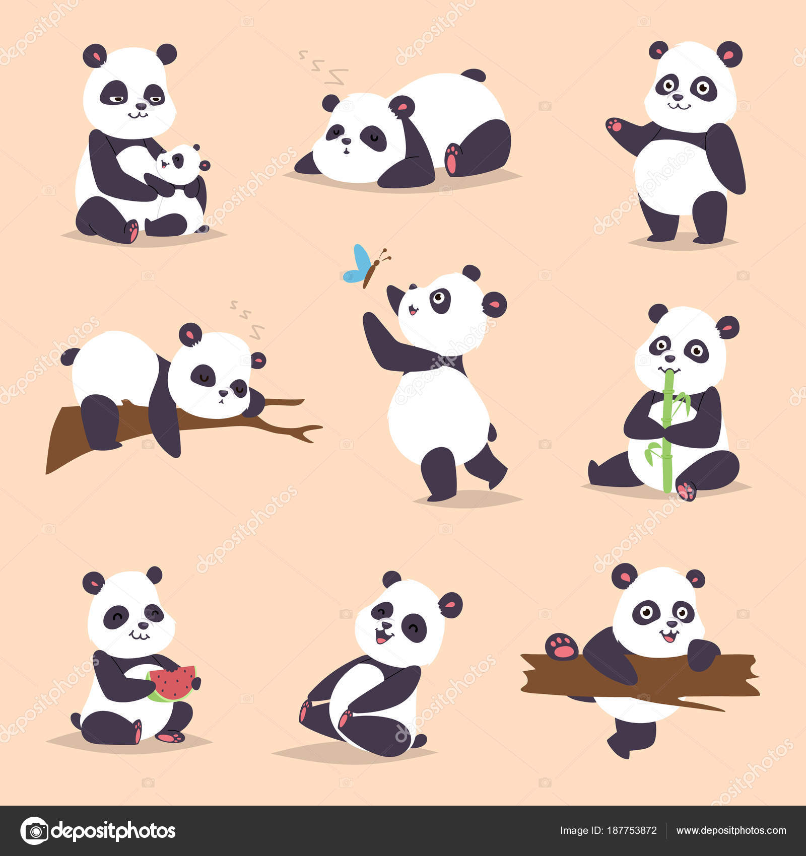 Panda cartoon character in various expression vector animal white cute china black panda bear giant mammal fat wilderness rare. Lying woods panda bear eating bamboo china wild animals Stock Vector Image by © Panda cartoon character in various expression vector animal white cute china black panda bear giant mammal fat wilderness rare. Lying woods panda bear eating bamboo china wild animals Stock Vector Image by ©