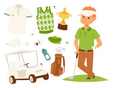 Erkek salıncak spor hobi ekipman vektör çizim Golf oyuncu giysi ve aksesuarları Golf club.