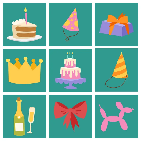 Happy Birthday Party Party Karten Unterhaltung Konfetti Geschenk Luftballon Dekoration für Urlaub Spaß Jubiläum Gratulation Vektor Illustration. — Stockvektor
