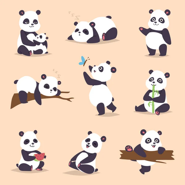 Panda tecknad karaktär i olika uttryck vector djur vit söt Kina svart panda bear giant däggdjur fett vildmarken sällsynta. Liggande woods panda bear äta bambu Kina vilda djur — Stock vektor