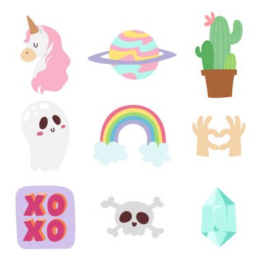 Hipster yamalar öğeleri elle çizilmiş şirin moda çıkartmaları doodle pop sanat kroki pimleri ve komik rozet vektör halat.