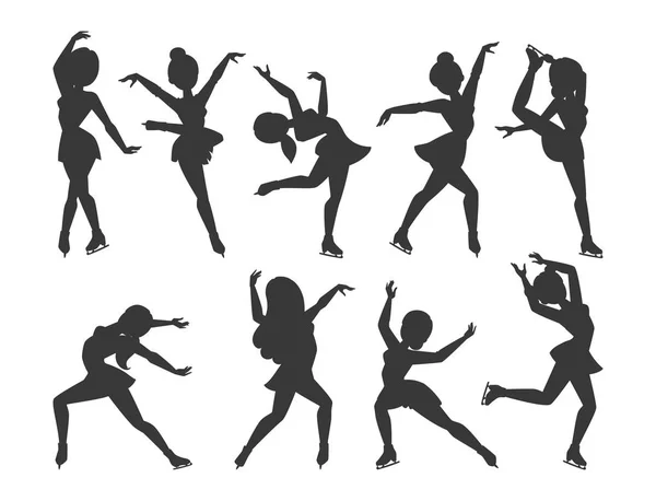 Ice kunstschaatsster vector cartoon truc figuur vrouwen schoonheid sport meisjes doen oefening en trucs springen schaatser tekens danser figurist schaatsen meisjes prestaties illustratie — Stockvector