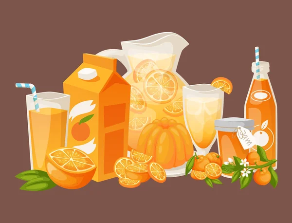 Naranjas y productos de naranja vector ilustración cítricos naturales vector jugoso postre tropical belleza jugo orgánico comida saludable . — Vector de stock