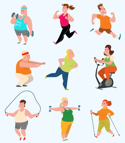 Vector sport gras personnes fitness gymnase couleur plat icône séance d'entraînement ensemble. Fat people fitness gymnase gros exercice santé séance d'entraînement. Santé jeune homme et femme en forme mode de vie obèse graisse personnes fitness gym — Image vectorielle