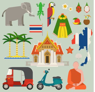 Tayland düz simgeler tasarlamak vektör seyahat. Bangkok kültür Tayland Seyahat Dünya mimarisi. Asya tatil manzara Tay harita Tayland seyahat kavramı yolculuk simgeler