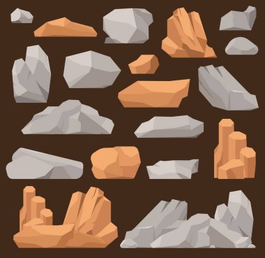 Taşlar ve kayalar mineral kazık bina büyük karikatür vektör tarzında. Boulder doğal kayalar ve taşlar granit kaba. Vektör çizim taş taş doğa dağlar Jeoloji çizgi film malzeme