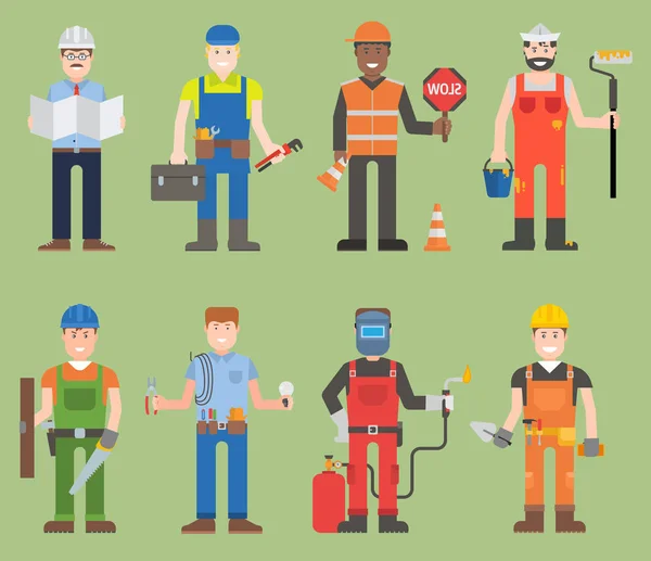 Stavební dělník nosí mechanik lidé žlutá helma a celková pracovní oblečení spolupracujícímu se sadou různých nástrojů pracujících muž charakteru nástroje osoby profesionálními pracovníky muže — Stockový vektor