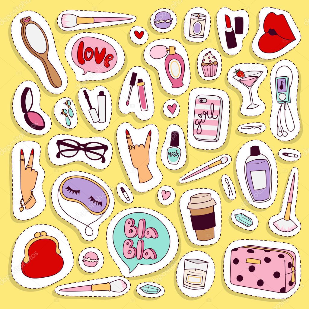 Girl fashion symbols vector stickers patches cute colorful badges fun cartoon icons pony, horn horse, lips, love and kiss design doodle element trendy girl modern hipster icons print illustration