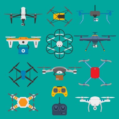 Araç dron quadcopter insansız gözetim yenilik. Hava dron gezinip kablosuz araç vektör. Uzaktan kumanda dron quadcopter uçak fly hava kamera vektör çizim ayarla