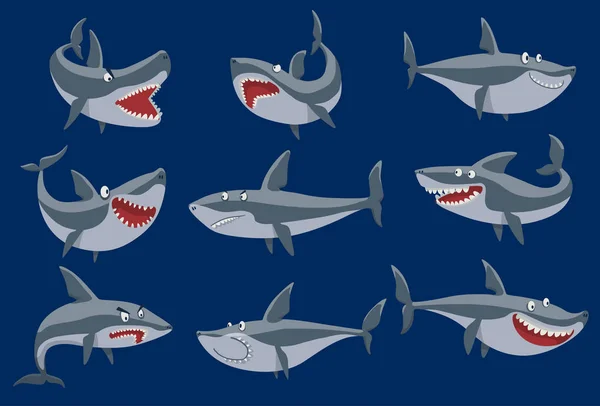 矢量滑稽卡通鲨鱼鱼游泳 imal 海孤立鲨鱼字符水下可爱的海洋野生动物吉祥物。可怕的微笑凉爽邪恶的怪物鲨鱼字符滑稽的捕食者 — 图库矢量图片