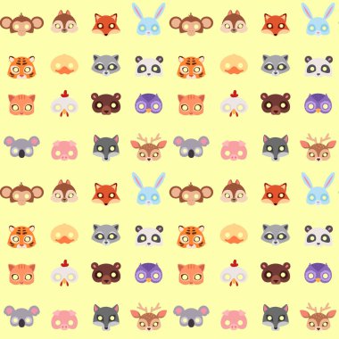 Hayvanlar karnaval maskesi vektör festival dekorasyon maskeli parti kostüm baş dekor kutlama Dikişsiz desen arka plan illüstrasyon.