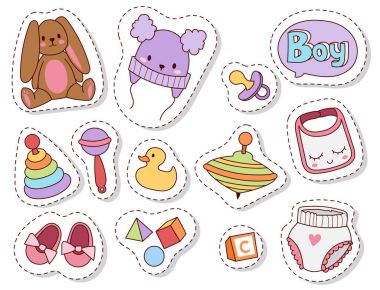Baby toys patches cartoon family kid toyshop design cute boy and girl childhood art diaper drawing graphic love rattle fun vector illustration. clipart