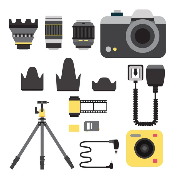 Camera photo vector studio icons optic lenses types objective retro photography equipment professional photographer look illustration — Stock Vector