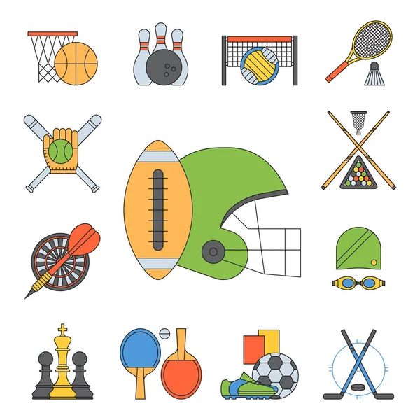 Conjunto de iconos de vectores deportivos en línea de diseño plano pictograma fitness deportistas símbolo juego trofeo competición manivela actividad ilustración. Baloncesto, fútbol, hockey, golf — Vector de stock