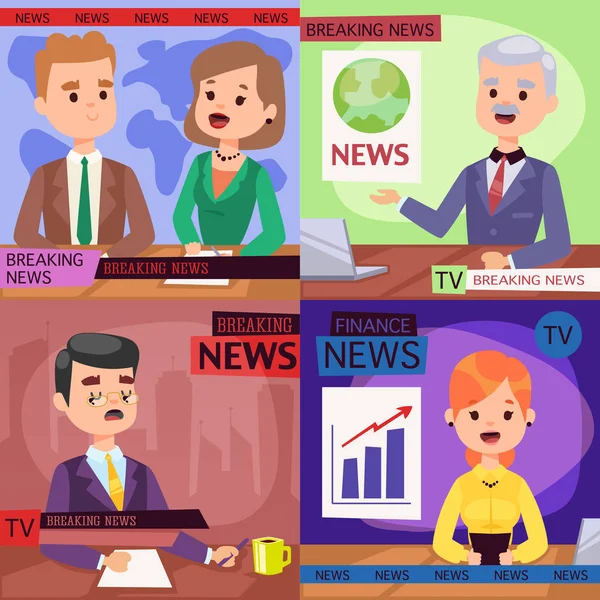Vector Illustration anchorman breaking news and tv screen layout pofessional interview people in TV studio newsreader breaking news anchor. Communication broadcast newscaster anchor journalist — Stock Vector