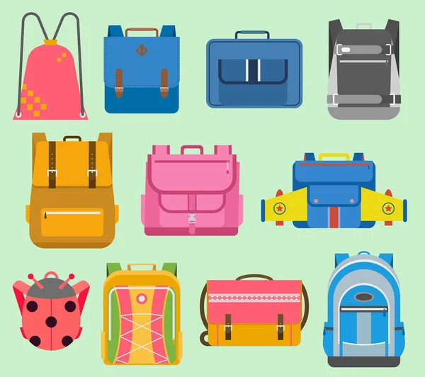 Sac à dos vecteur école plat enfants garçons et filles sac à dos école sac à dos illustration ensemble isolé. Fournitures scolaires éducatif plein avion d'approvisionnement de sac d'école, coccinelle — Image vectorielle