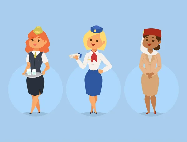 Piloten en stewardess vector illustratie luchtvaartmaatschappij karakter vliegtuig personeel personeel lucht gastvrouw stewardessen mensen opdracht. — Stockvector