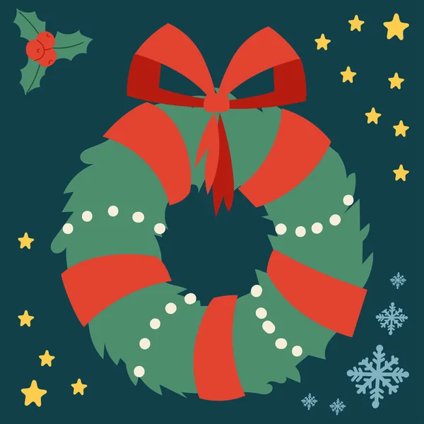 グリーティング カード冬の新年のお祝いデザインのクリスマス リース ホリー ツリー ベクトル シンボル. — ストックベクタ