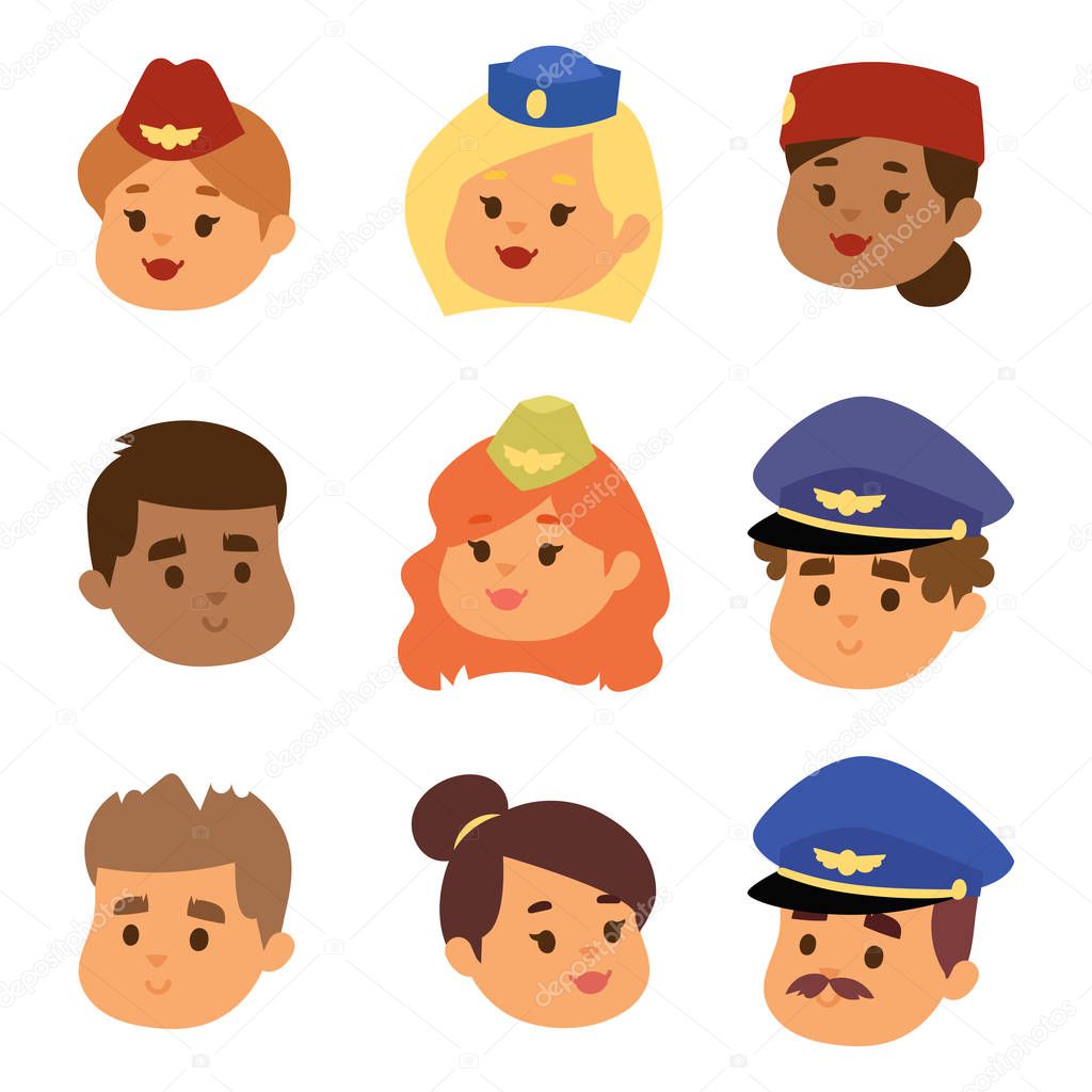 Pilots and stewardess vector head illustration airline character plane personnel staff air hostess flight attendants people command.