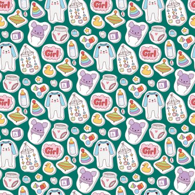 Baby toys icons cartoon family kid toyshop design cute boy and girl childhood art diaper love rattle seamless pattern background vector illustration. clipart