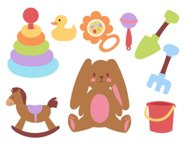 Bebek oyuncak simgeler karikatür sevimli çocuk ve grafik aşk çizim kız çocukluk sanat bebek bezi çıngırak eğlenceli Aile çocuk toyshop tasarım vektör çizim.