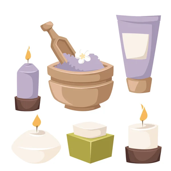 Spa vector iconos tratamiento belleza procedimientos bienestar spa-masaje cosméticos a base de hierbas aroma spa piedras toallas y flor de loto ilustración . — Vector de stock