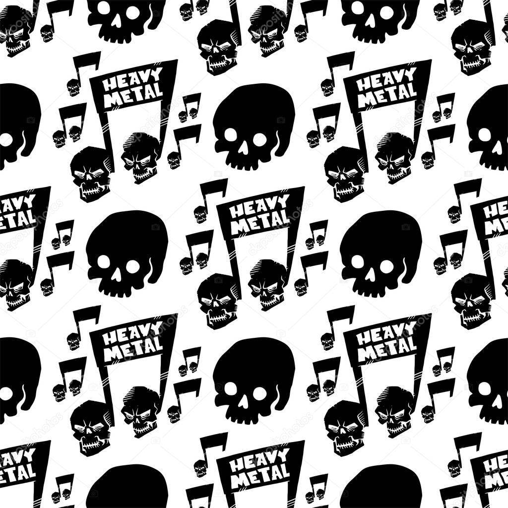 Heavy rock music badge vector vintage label with punk skull seamless pattern background hard sound sticker emblem illustration