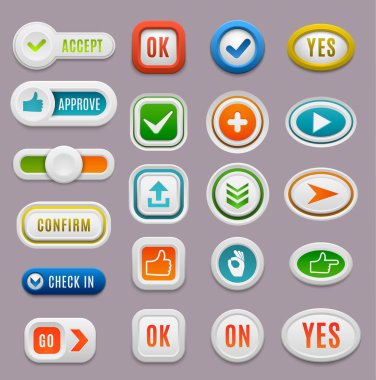 Arabirim Tamam düğmelerini iptal Evet vektör onaylama Internet onay Tamam düğmesini olumlu kümesi oy. Web sitesi ok butonuna başarı kırmızı işareti onaylı kene kavramı kabul edin. Doğru parlak ok işareti