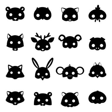 Hayvanlar karnaval maskesi siluet vektör festival dekorasyon maskeli balo ve parti kostüm sevimli çizgi baş dekor kutlama çizim.