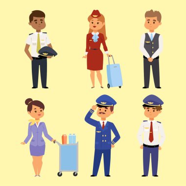 İnsanlar komut pilot ve hostes vektör çizim havayolu karakter uçak personeli personel hava hostes uçuş görevlileri.