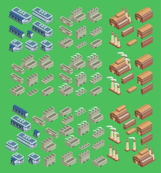 Ensemble d'icônes vectorielles d'usine isométriques qui comprend des bâtiments 3D, des entrepôts de magasins et d'autres structures industrielles. Bâtiments 3D architecture design. Bâtiments isométriques réels modernes 3d . — Image vectorielle