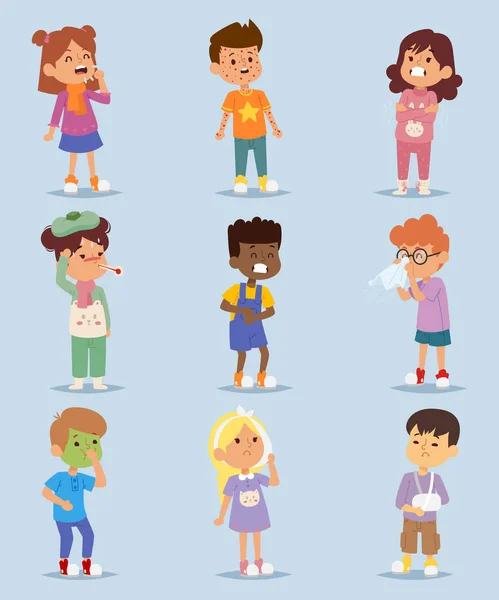 Children sickness illness disease little kids characters set. Flu problem health stick sick children figure pictogram icons. Sad influenza sick children little people hospital resting childcare