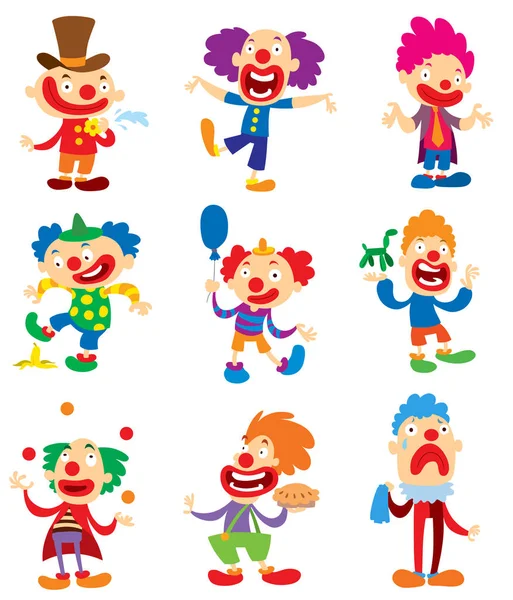 Clown karaktär vektor utför olika roliga aktiviteter tecknade illustrationer. Clown karaktär rolig glad kostym tecknad joker. Roligt smink och carnival leende hatt näsa clown karaktär — Stock vektor