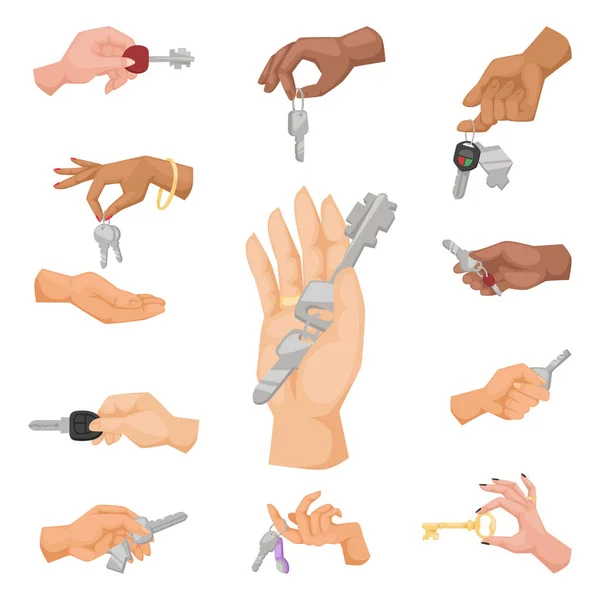 Mão segurando chave vetor apartamento venda gesto humano sinal segurança casa conceito braço símbolo ilustração — Vetor de Stock