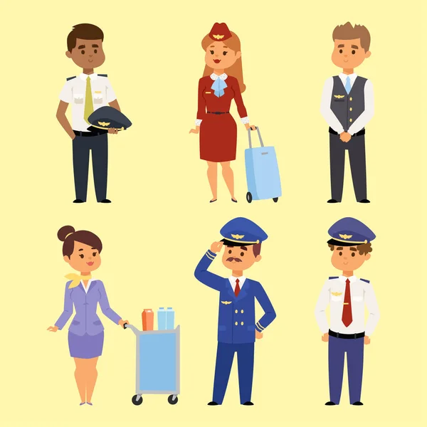 Pilots and stewardess vector illustration airline character plane personnel staff air hostess flight attendants people command. — Stock Vector