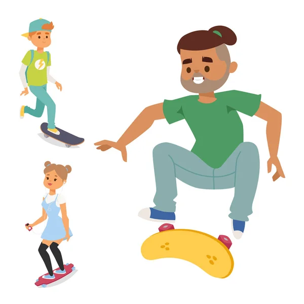 스케이트 보드 문자 벡터 세련 된 스케이트를 타는 아이 들 그림 스케이트 만화 남성 활동 극단적인 스케이트 보드 아이콘. — 스톡 벡터