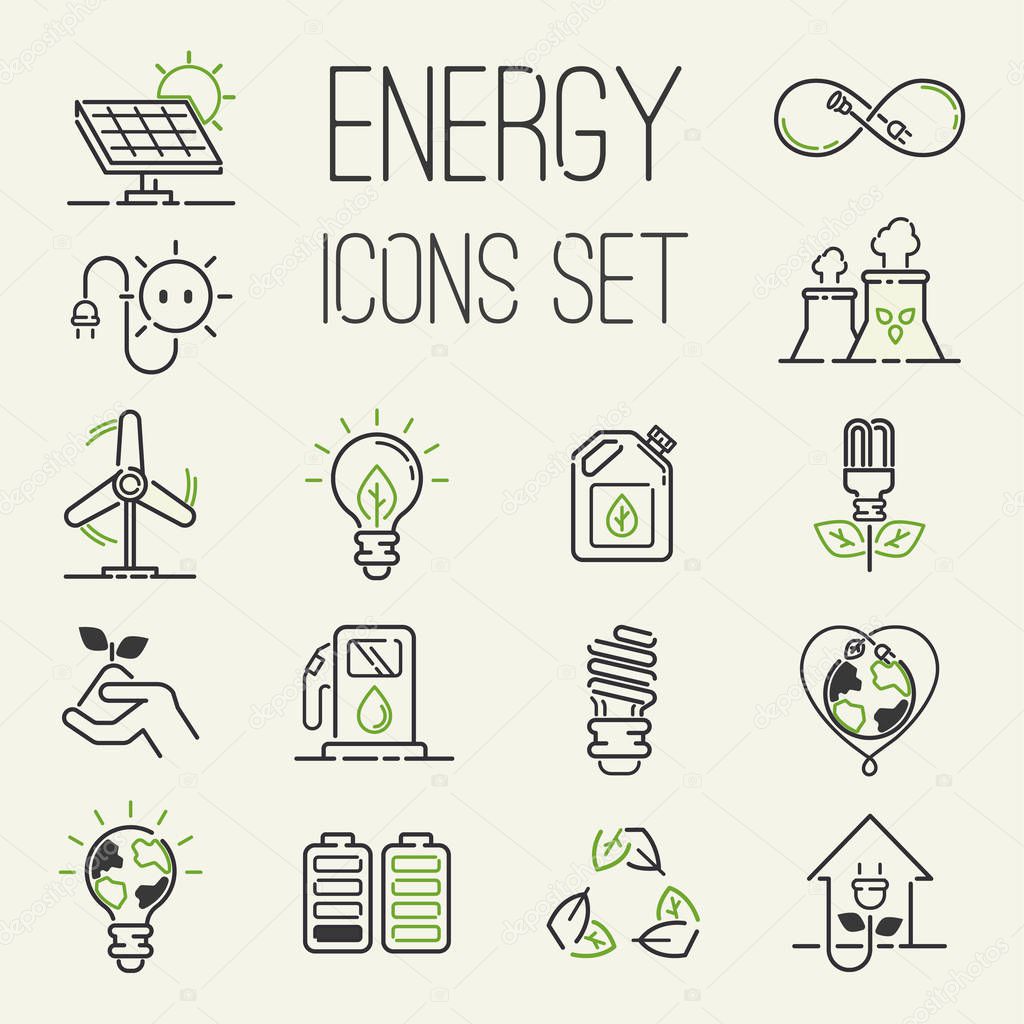 Vector green eco energy icons set energy icons power set battery oil environment nature. Nuclear house atom renewable energy icons. Light bulb electricity water nature eco renewable industry