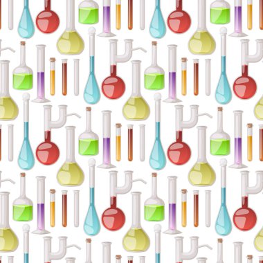 Kimyasal şişesi laboratuvar vektör laboratuvar cam tüp sıvı biyoteknoloji analiz tüpler tıbbi bilimsel ekipman Dikişsiz desen arka plan.