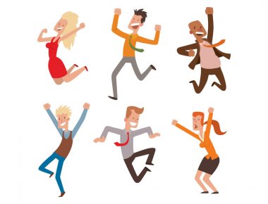 Kutlama sevinç karakter insanlar kutlama parti vektör mutlu adam atlama atlamak. Neşeli kadın etkin mutluluk ifade pek çok neşeli arkadaşları portre.