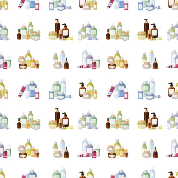 Bottles of cosmetic cosmetology lotion makeup beauty plastic liquid cream container fluid pack vector seamless pattern background illustration.