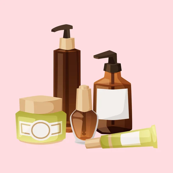 Botellas de cosmética cosmetología loción maquillaje belleza plástico líquido crema contenedor fluido paquete vector ilustración . — Archivo Imágenes Vectoriales