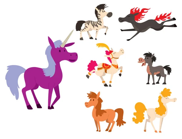 Cheval poney étalon vecteur races couleur ferme équestre mammifère domestique crinière zoo illustration de caractère . — Image vectorielle