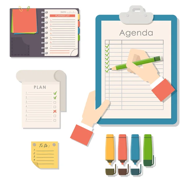 Agenda lijst vector business papier Klembord in vlakke stijl zelfklevende controlelijst notities schema kalender planner organisator artikel afbeelding. — Stockvector