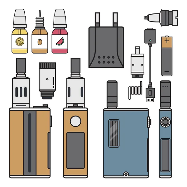 Vape Gerät Vektor Zigarette Vaporizer Dampf Saft Vape Flasche Geschmack Illustration Batterie Spule elektronische Nikotin Flüssigkeit Rauchen Zerstäuber Gerät E-Flüssigkeit. — Stockvektor