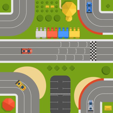 Yarış araba spor parça eğri yol vektör. Üstten Görünüm araba spor yarışması Oluşturucu sembollerin. Devre ulaşım lastik araba otomobil yarışçısı hattı. Otomobil otoyol işaret fişeği formül bitirmek