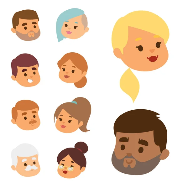 Eemotion 벡터 사람들 얼굴 감정 아바타 그림 만화. 여자와 남자 emoji 얼굴 아이콘 및 이모티콘 귀여운 기호 얼굴. 인간의 사람들 emoji 얼굴 행복 emoji 얼굴 문자 기호 — 스톡 벡터