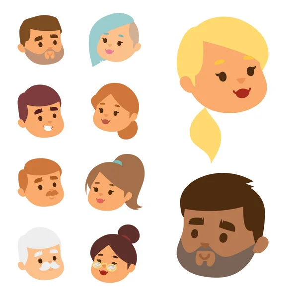 Emoção vetor pessoas enfrenta desenhos animados emoções avatar ilustração. Mulher e homem emoji rosto ícones e emoji rosto símbolos bonitos. Pessoas humanas emoji rosto feliz emoji símbolos de caráter facial — Vetor de Stock